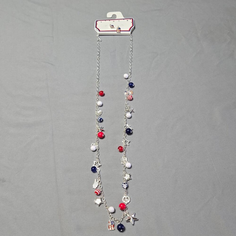 Patriotic 4th of July USA Charm Necklace & Earrings